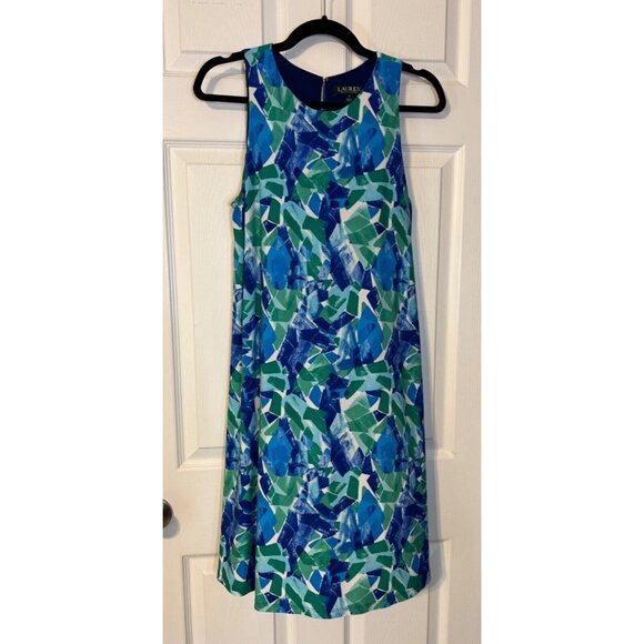 Ralph Lauren A Line Shift Dress 10 Blue Green White Stretch Washable Sleeveless - Picture 6 of 8